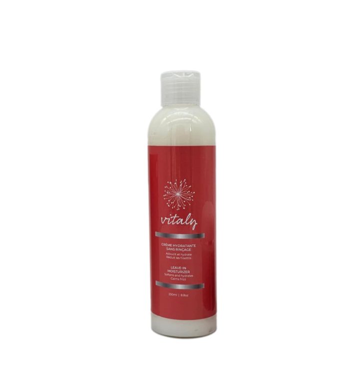 Leave-in hydratant Vitaly 250ml pour cheveux souples et sans frisottis.