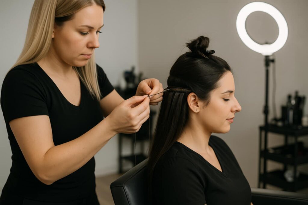 Formatrice posant des extensions capillaires sur une élève lors de la formation classique