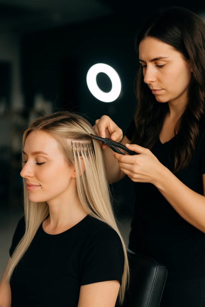 Formatrice corrigeant la technique d’une coiffeuse en formation perfectionnement